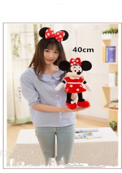 Elite Minnie Mouse Kırmızı ve Pembe 40 cm Peluş Benekli Elbiseli Uyku Arkadaşı Ikili Pelüş Set 1 Adet