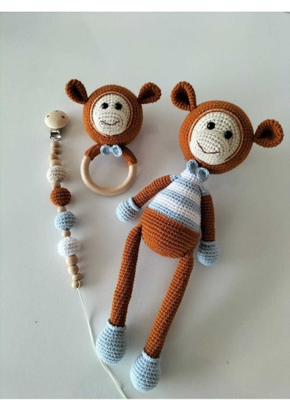 Amigurumi Maymun Emzik Zinciri Çıngırak Uyku Arkadaşı Üçlü Set 1 Adet
