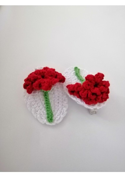 Amigurumi Klips Toka El Örgüsü 2'li Kırmızı Karanfil Çiçek Model 1 Adet
