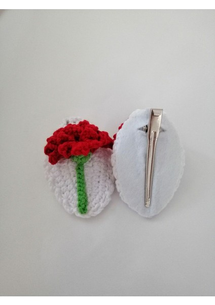 Amigurumi Klips Toka El Örgüsü 2'li Kırmızı Karanfil Çiçek Model 1 Adet