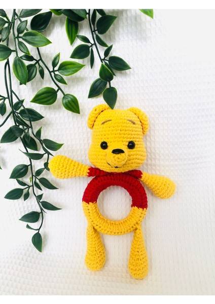 Amigurumi El Emeği Örgü Sarı Kırmızı Ayı Winnie Pooh Sesli Sallamalı Çıngırak 1 Adet