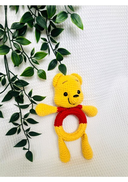 Amigurumi El Emeği Örgü Sarı Kırmızı Ayı Winnie Pooh Sesli Sallamalı Çıngırak 1 Adet