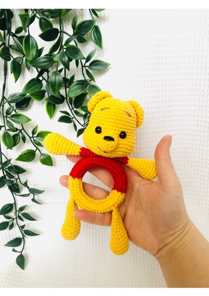 Amigurumi El Emeği Örgü Sarı Kırmızı Ayı Winnie Pooh Sesli Sallamalı Çıngırak 1 Adet