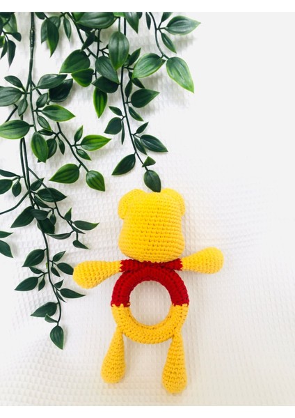 Amigurumi El Emeği Örgü Sarı Kırmızı Ayı Winnie Pooh Sesli Sallamalı Çıngırak 1 Adet