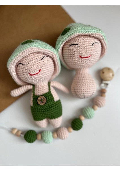 Amigurumi Mantar Uyku Arkadaşı Çıngırak Emzik Zinciri Üçlü Set 1 Adet