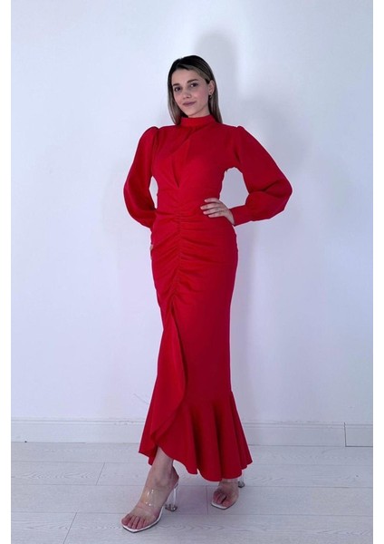 Kırmızı Volanlı Uzun Kol Elbise