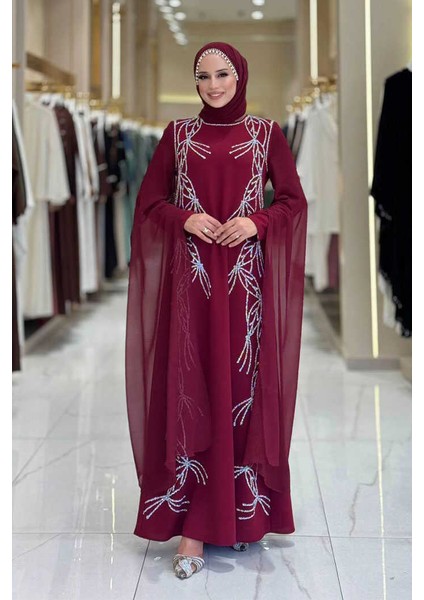Kolları Pelerinli Taş Detaylı Abiye Elbise 3958 Bordo