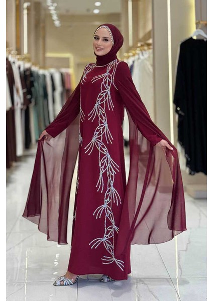 Kolları Pelerinli Taş Detaylı Abiye Elbise 3958 Bordo modelleri