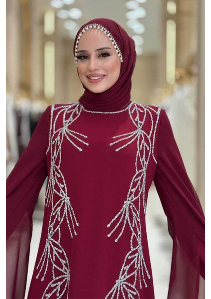 Kolları Pelerinli Taş Detaylı Abiye Elbise 3958 Bordo fırsatları