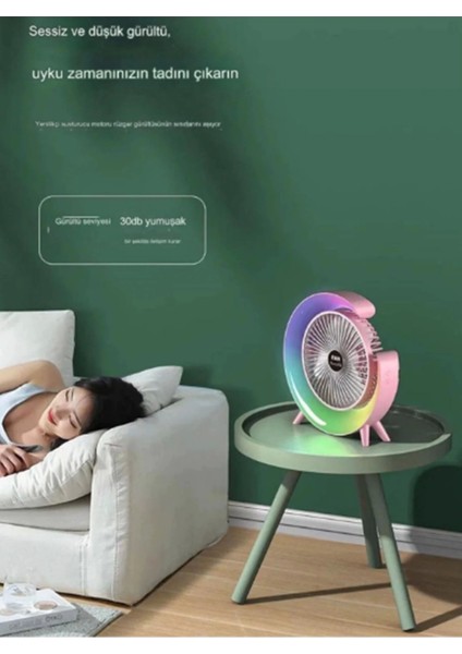 Masaüstü Vantilatör USB Şarjlı Rgb LED Işıklı 3 Kademeli 180° Ayarlanabilir Soğutucu Fan Pembe