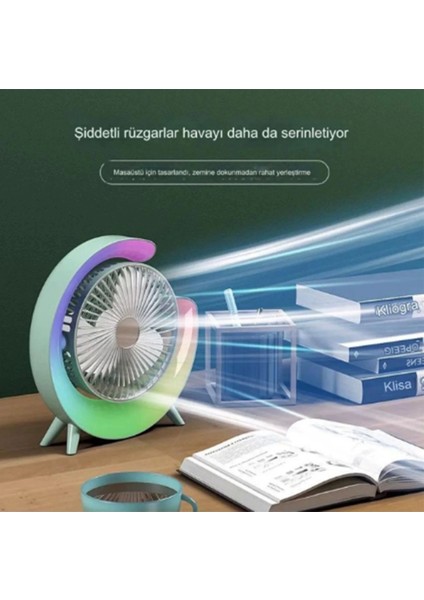 Masaüstü Vantilatör USB Şarjlı Rgb LED Işıklı 3 Kademeli 180° Ayarlanabilir Soğutucu Fan Pembe