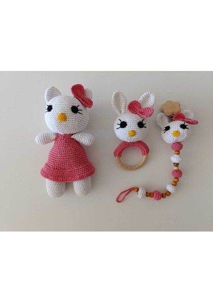 Elite Amigurumi Yenidoğan Pembe Kedi Set, Çıngırak ve Emzik Zinciri 1 Adet