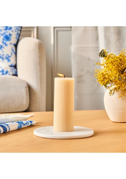 Striped Tırtıklı Sütun Mum 15 cm Bej