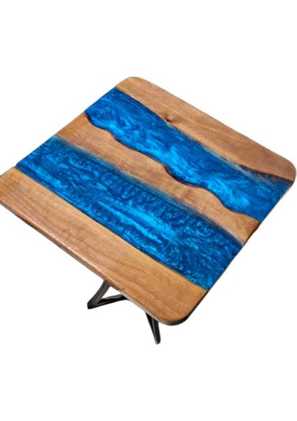 Epoksi Ceviz Ahşap Mavi Masa Metal Ayaklı 55X55
