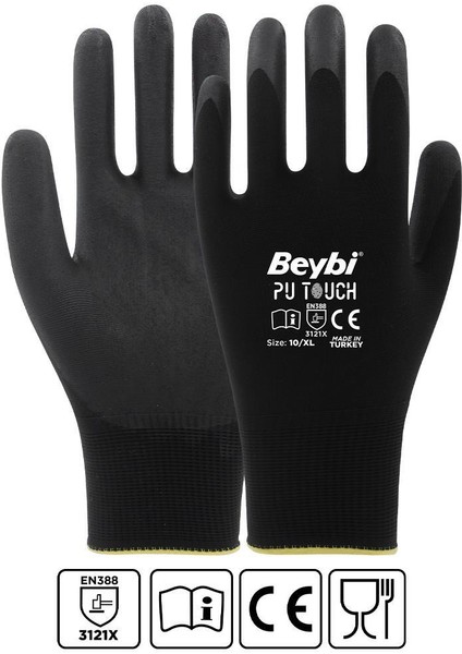 7 Beden 12li Paket Poliüretan Kaplı Pu Touch Siyah Montaj Eldiven EN388 (3121X)