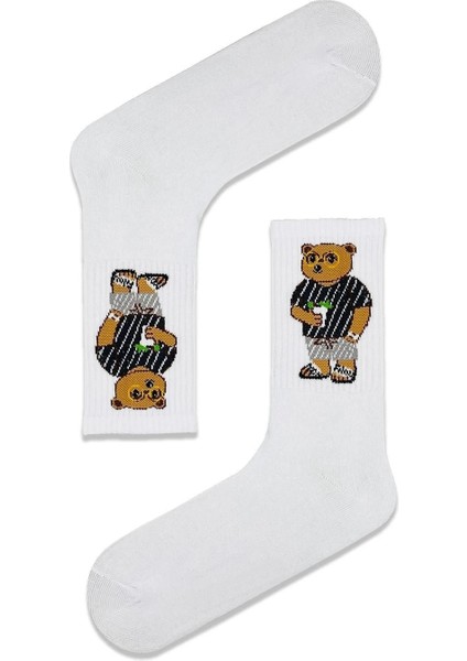 Bear Desenli Beyaz Tenis Çorap