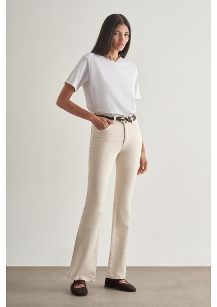 Skinny Fit Flare Paça Ekru Denim Pantolon