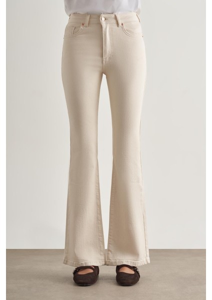 Skinny Fit Flare Paça Ekru Denim Pantolon