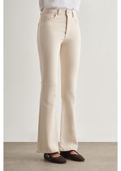 Skinny Fit Flare Paça Ekru Denim Pantolon