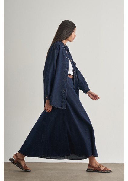 Beli Lastikli Volanlı Evaze Lacivert Maksi Denim Etek fiyatları