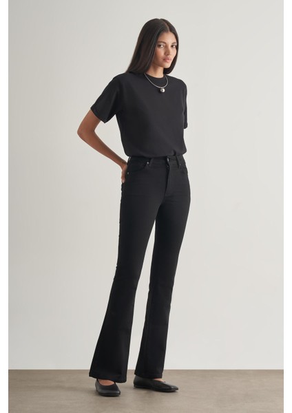 Skinny Fit Flare Paça Siyah Denim Pantolon