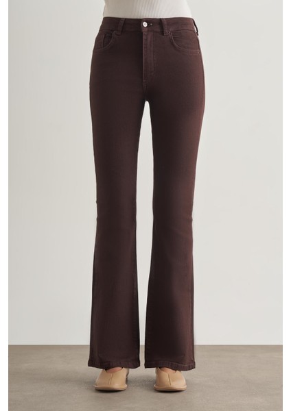 Skinny Fit Flare Paça Kahverengi Denim Pantolon fiyatları