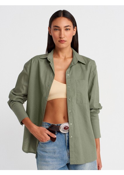 50497 Uzun Kollu Oversize Keten Gömlek-Yeşil