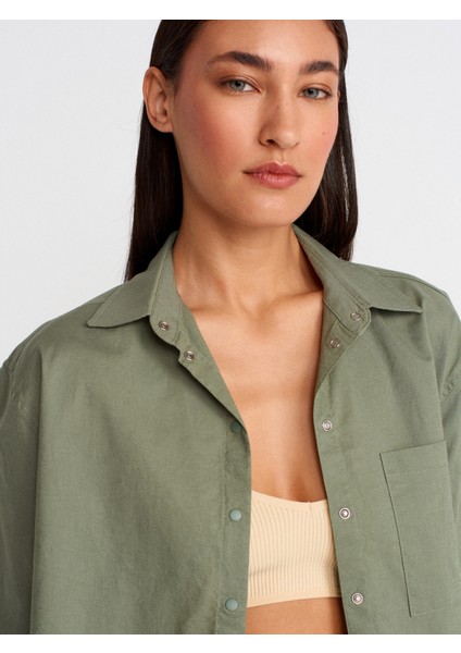 50497 Uzun Kollu Oversize Keten Gömlek-Yeşil