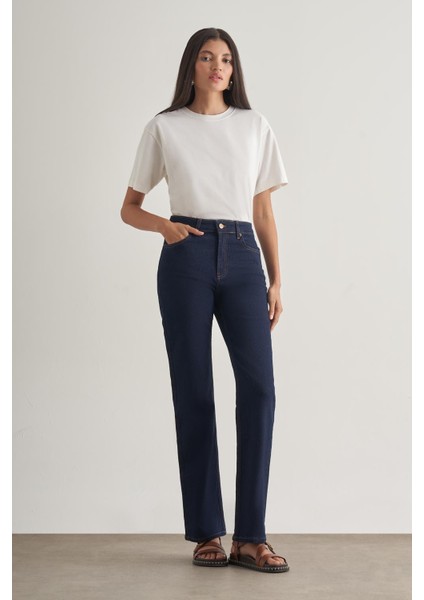 Straight Fit Yüksek Bel Lacivert Denim Pantolon