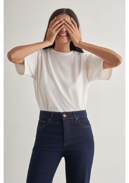 Straight Fit Yüksek Bel Lacivert Denim Pantolon modelleri