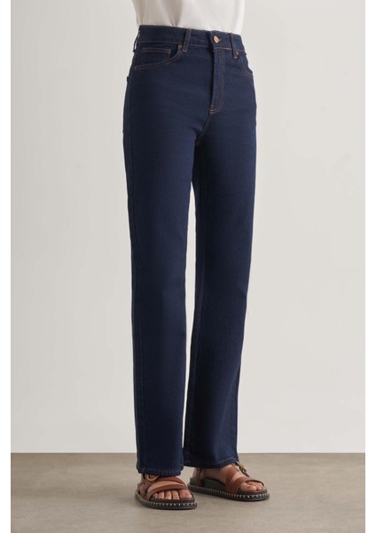 Straight Fit Yüksek Bel Lacivert Denim Pantolon fırsatları