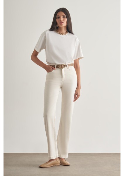 Geniş Paça Yüksek Bel Ekru Denim Pantolon