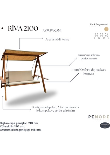 Riva 2100 3 Kişilik Ahşap Bahçe Salıncağı