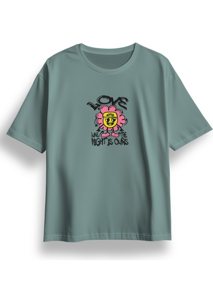 Oversize Like Flower Baskılı Tshirt