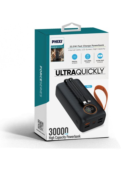 Force P32 30000mAh 22.5W Hızlı Şarj Cihazı - Dahili Kablolu - Fast Powerbank - Dijital Ekran - Taşınabilir Şarj Cihazı
