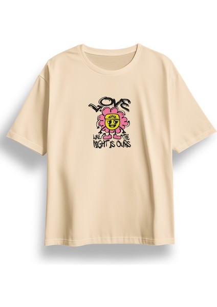 Oversize Like Flower Baskılı Tshirt