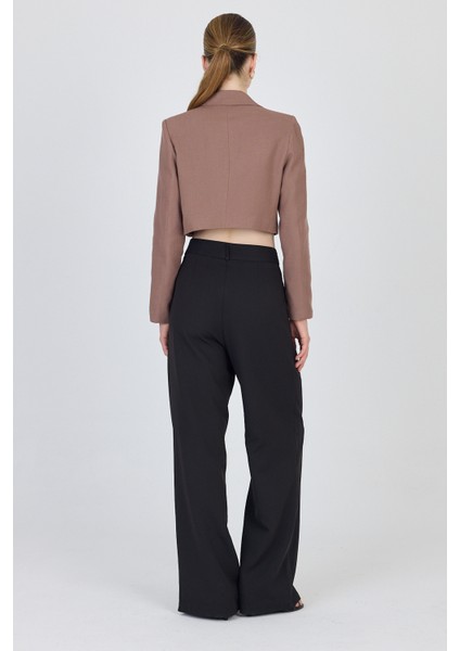 Kahverengi Keten Görünümlü %100 Pamuk Bağlama Detaylı Crop Blazer Ceket 7070 indirimleri