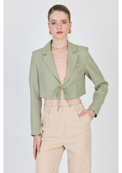 Olive Yeşili Keten Görünümlü %100 Pamuk Bağlama Detaylı Crop Blazer Ceket 7070