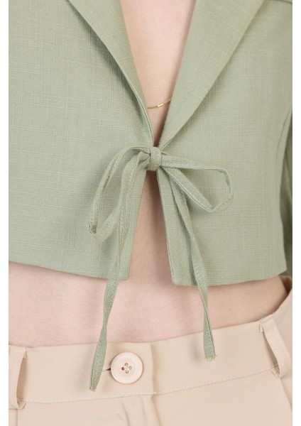 Olive Yeşili Keten Görünümlü %100 Pamuk Bağlama Detaylı Crop Blazer Ceket 7070 fırsatları