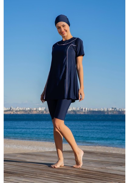 Kadın Kısa Kol Taytlı Biyeli Lacivert Mayo C5T2N4O2-1