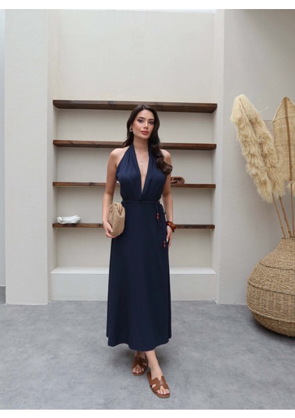 Boyundan Askılı Ip Bağlamalı Keten Elbise fiyatları