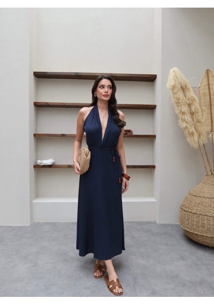 Boyundan Askılı Ip Bağlamalı Keten Elbise fırsatları