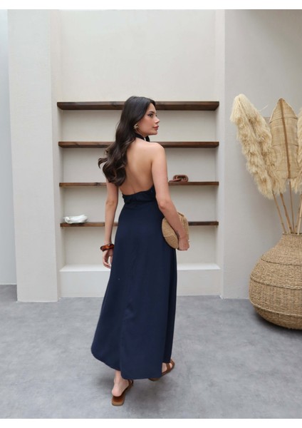 Boyundan Askılı Ip Bağlamalı Keten Elbise indirimleri