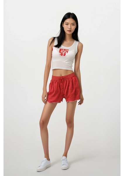 Kadın Kırmızı Pitikare Şort Cherry Askılı Üst Pijama Takımı