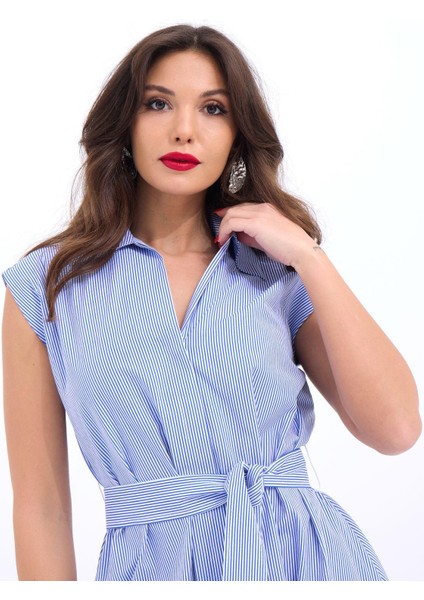 7127 Elbise-Mavi Beyaz Çizgili