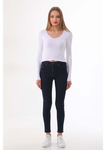 Kadın Crop Pamuklu V Yaka T-Shirt -Beyaz fiyatları