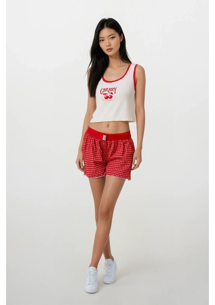 Kadın Kırmızı Pitikare Şort Cherry Askılı Üst Pijama Takımı
