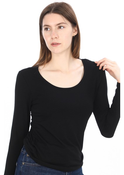Kadın Viskon Dekolte Yaka Slim Fit Tişört-Siyah