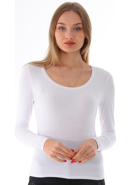 Kadın Viskon Dekolte Yaka Slim Fit Tişört-Beyaz fiyatları