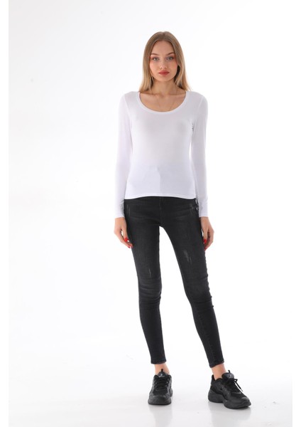 Kadın Viskon Dekolte Yaka Slim Fit Tişört-Beyaz fırsatları